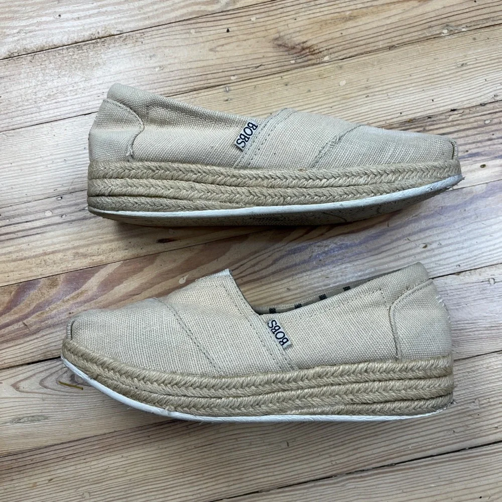 Skechers BOBS Highlights 2.0 Natural Canvas Espadrille Platform Shoes 8 boho tan
